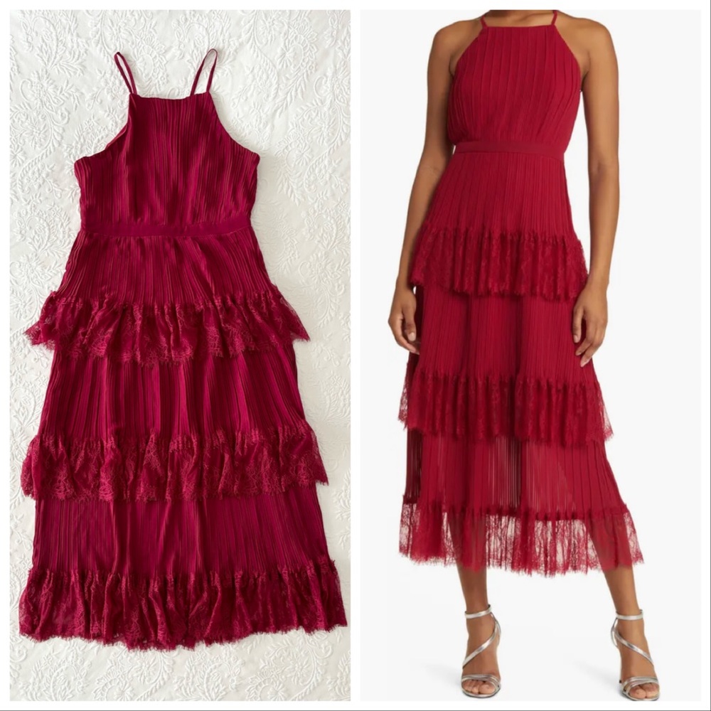 NWOT Came For Cocktails Wine Red Pleated Tiered Lace Maxi Dress Large
